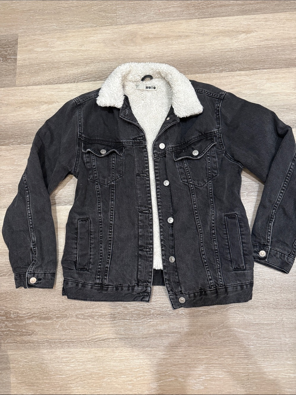 Topshop Black Denim Jacket with Cream Sherpa Lining